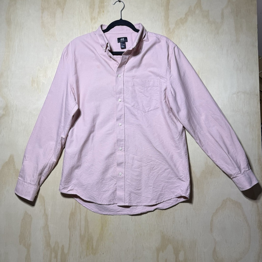H&M Pink Button Down Shirt Mens Large Cotton Oxford Casual Long‎ Sleeve